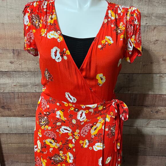 Free People Jess Wrap Dress in Red-Orange Floral Size M - Picture 6 of 16